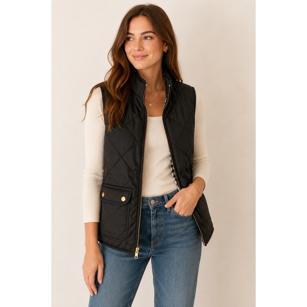 J.Crew Black Quilted Puffer Vest Gingham Lining Preppy Equestrian Women's L
